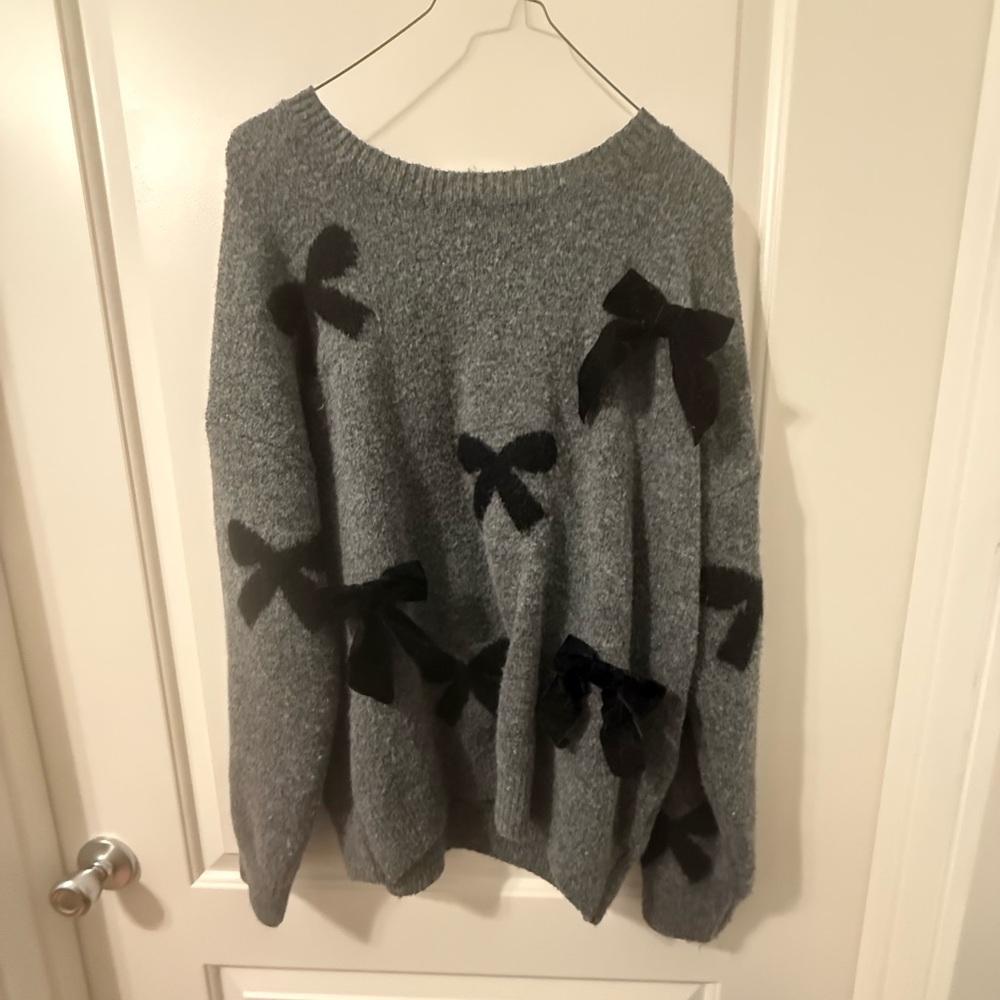 Gray Sweater with Black Bow Accents